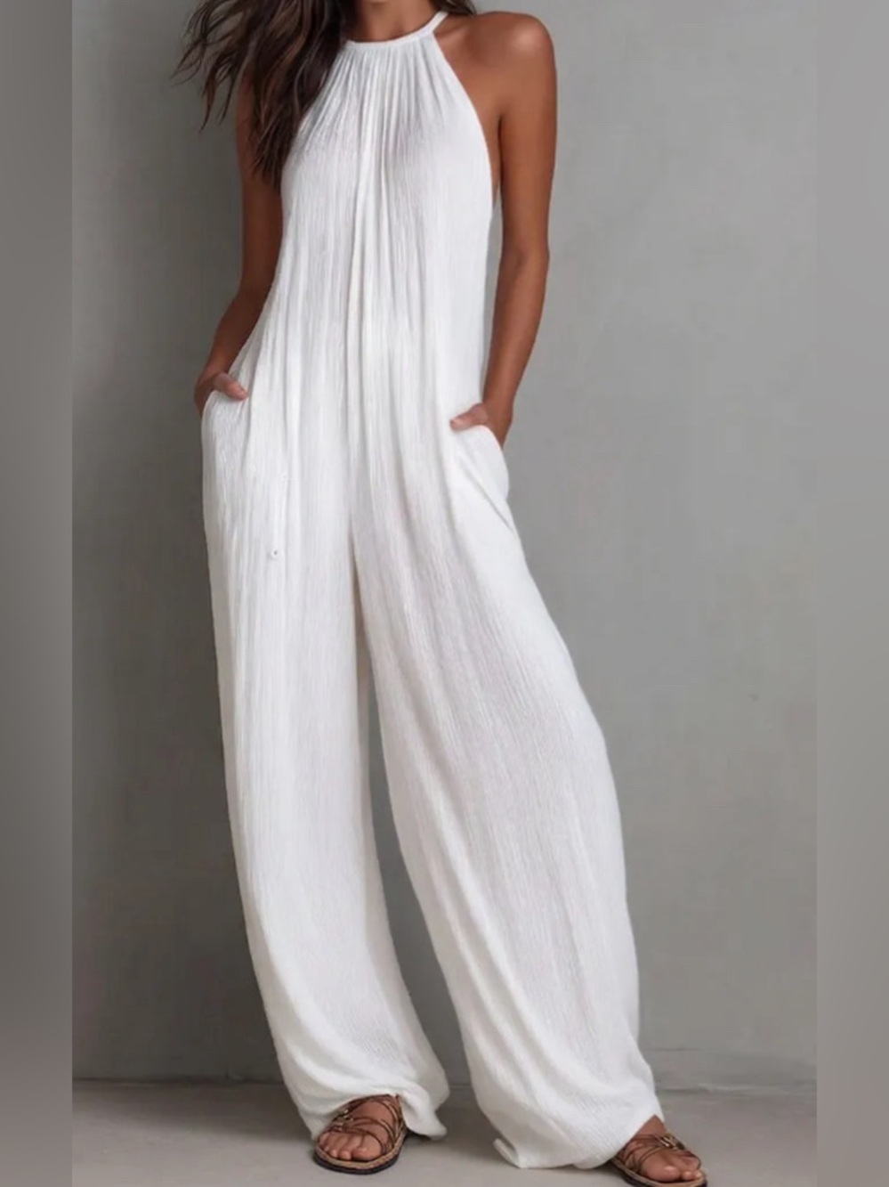 S - Minimalist Halter-neck Loose Cotton-linen Jumpsuit